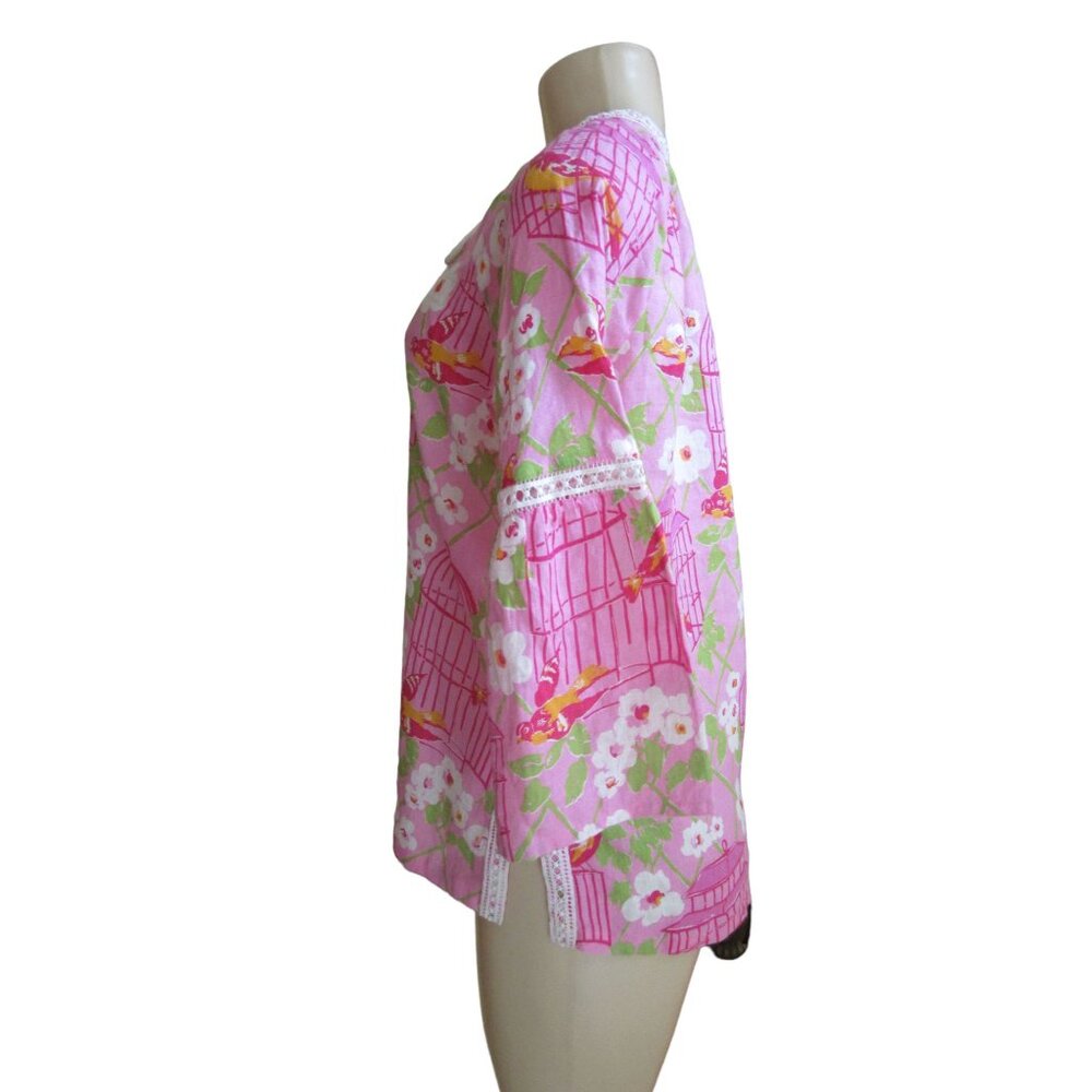 Spartina 449 Pink Wren Bird Cage Linen Tunic Top w Tassle Closure in Size Small - Picture 3 of 7